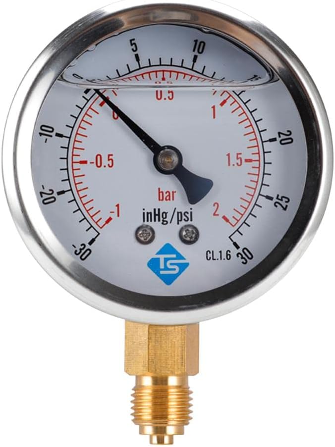 Stainless Steel Vacuum Gauge S/Steel Case 68mm -1/0 Bar &-30-0Hg, for Water, Oil, Air, Gas, Accurate Measurement, Weatherproof IP65, Glycerine Filled, Brass - C, Silver
