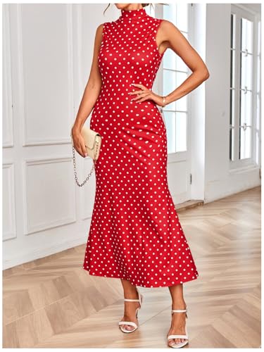 Image of Milumia Women's Polka Dots Maxi Tank Dress Vintage Mock Neck Sleeveless Elegant Long Dresses