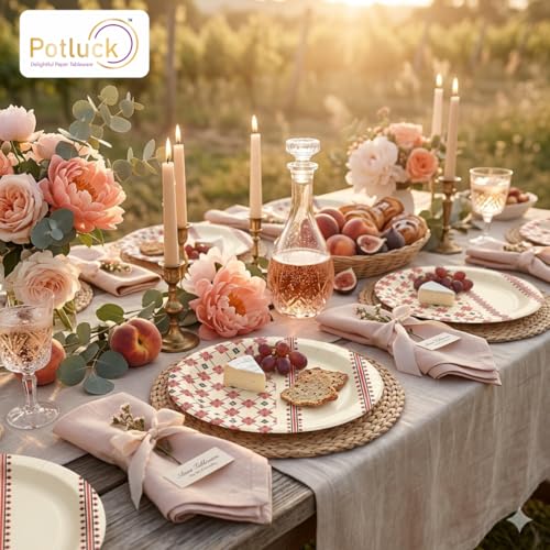 Image of Potluck Red Pattern Disposable Paper Plates, 9 Inch Food Grade Tableware for Parties, Events, Snacks & Meal Serving Pack