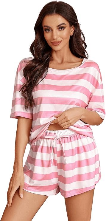 Womens Pajama Sets Striped Sporty Pajama Set with Drawstring Waist 2pcs Short Sleeve Top and Shorts-image-25