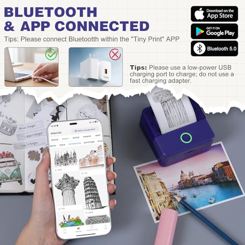 Image of cudinham Print Pods Mini Printer, Sticker Printer with 10 Rolls Thermal Printing Paper, Inkless Pocket Printpod for Phone, Impresora Portatil for Notes, DIY, Compatible with iOS & Android (Purple)