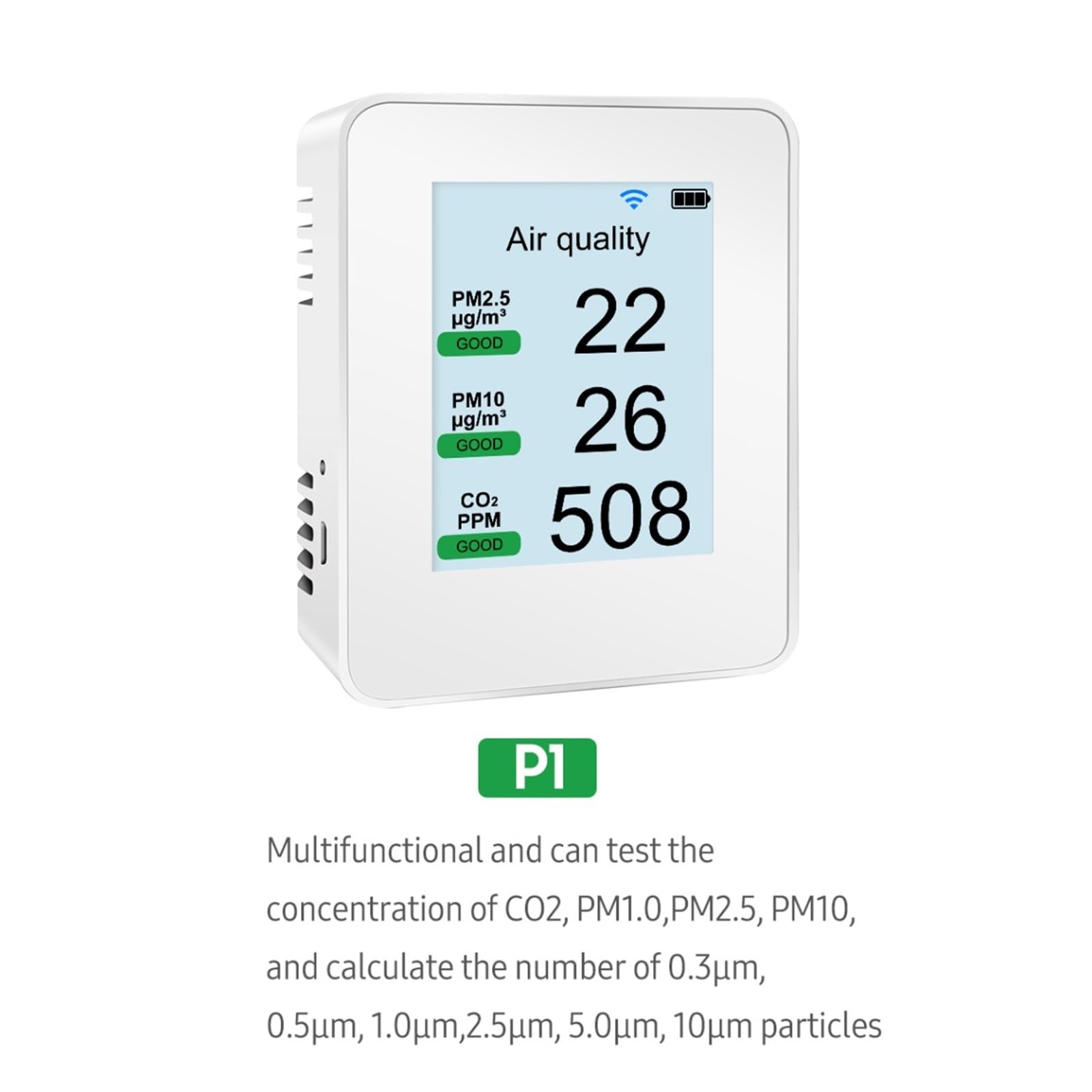 Contador de partículas de polvo profesional 0,3 um/ 0,5 μm/ 1,0 μm/ 2,5 μm/ 5,0 μm/ 10 um Contador de partículas de polvo Pantalla 2600 mAh Detector de CO2 recargable Calidad del aire inteligente para