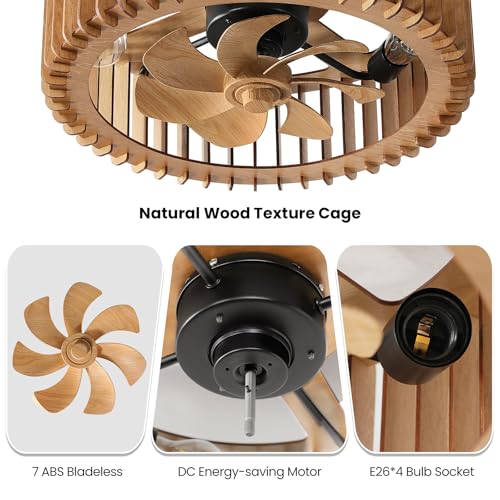 Image of 20 inch Farmhouse Wooden Caged Flush Mount Ceiling Fan with Lights, DC Motor, 6 Speeds Remote Control, Low Profile Bladeless Fandelier for Bedroom, Kitchen, Living Room