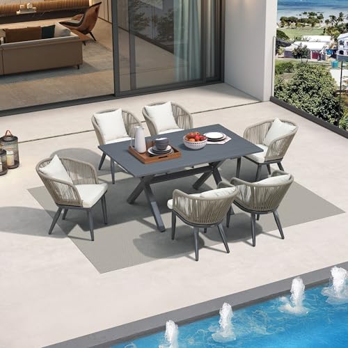 Image of PURPLE LEAF 7 Pieces Patio Dining Set Wicker Outdoor Furniture Rectangular Table and Chairs Set for Garden Deck Aluminum Frame Backyard Kitchen Set, Cushions and Pillows Included Taupe