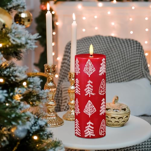 Image of Wondise Christmas Flameless Candles with 6hrs Timer, Christmas Tree Battery Operated Flickering Red Candles with 3D Wick Real Wax LED Candles for Christmas Holiday Indoor Decoration(2.6 inchx7.8 inch)