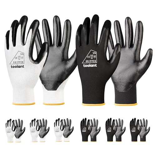toolant Nitrile Coating Work Gloves for Men, Superior Oil Resistance, 6 Pairs Bulk Safety Work Gloves with Grip, Touch Screen, for Automobile Repair, Gardening, Warehouse (White & Black, L)
