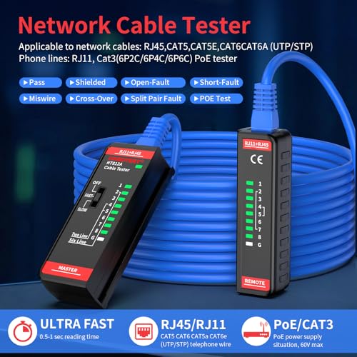 YOJOCK Lan Tester Netzwerk Kabeltester, RJ45 Netzwerktester Für CAT5 CAT5E CAT6 CAT6A CAT7 Kabel, Ethernet Netzwerkkabel Prüfgerät Durchgangsprüfer for RJ11 Telefonleitung Tools