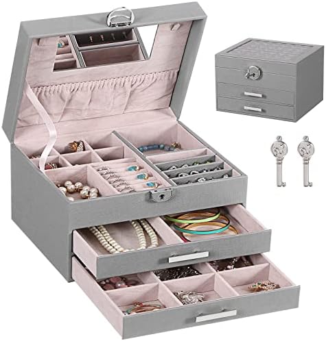 ANWBROAD Jewellery Box for Women Jewelry Organizer Box with 3 Drawers Mirror and Lock DIY Compartments Soft Lining for Girl’s Earring Necklace Ring and Jewels Beautiful and Luxurious JJB010H