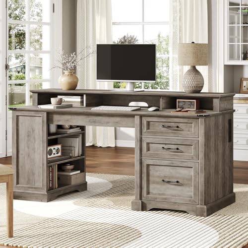 RALGEND 55'' Farmhouse Executive Desk with Drawers, Home Office Desk