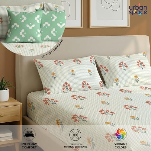 Image of Urban Space 144 TC Divine 100% Cotton Bedsheet for Double Bed with 2 Pillow Covers and 2 Cushion Covers, Queen Bedsheet (Size 90 x 100 inches, Magnolia sage Green, Double)