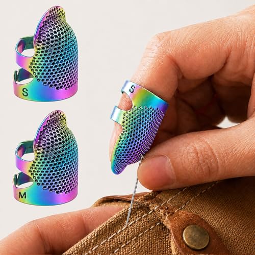 Image of Thimbles for Hand Sewing, Sewing Thimble Kit, Metal Finger Protectors, Thimble Ring for Hand Quilting and Embroidery(Colorful,2Pcs,Small /Medium)
