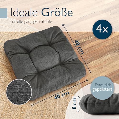 Beautissu 4er Set Premium Stuhlkissen 40x40 cm Anthrazit – UV-beständig & Robust Sitzkissen Outdoor 8 cm dick Polster für Balkonstühle – Gartenstuhl Sitzpolster Stuhl Kissen Indoor – HighLux SK