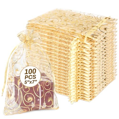 Image of Sukh Gold Organza Bags 5''x7'' - 100PCS Shiny Sheer Mesh Drawstring Bags for Jewelry, Soap, Fruits, Candy, Small Gift Bags for Weddings, Valentine's Day, Mother's Day, Halloween, Thanksgiving, Christmas