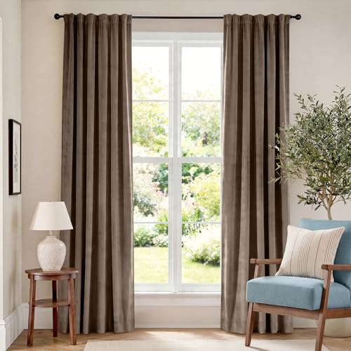 Lazzzy Velvet Blackout Curtains Thermal Insulated Room Window Drapes Super Soft Luxury Curtains for Living Room Bedroom Rod Pocket 2 Panels Truffle 52 W x 84 L