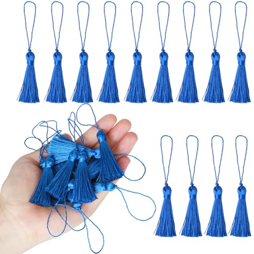Image of 48Pcs Mini Bookmark Tassels Handmade Keychain Silky Tassel | (Royal Blue)3.75inch Tassel, Silky Floss Craft Tassel for Jewelry Making,Tags,DIY Accessory