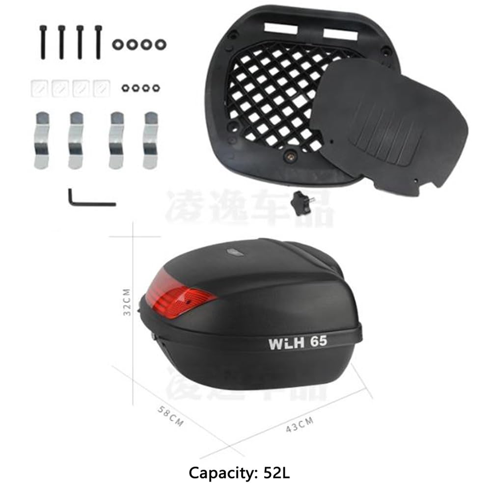 NILZA 52L Baúl De Moto Universal Baul para Moto, Baúl Moto Top Case Maletero Desmontable Caja De Moto, Baul para Moto Maleta Moto con Placa De Montaje (Color : Black+Black Light+Lining)