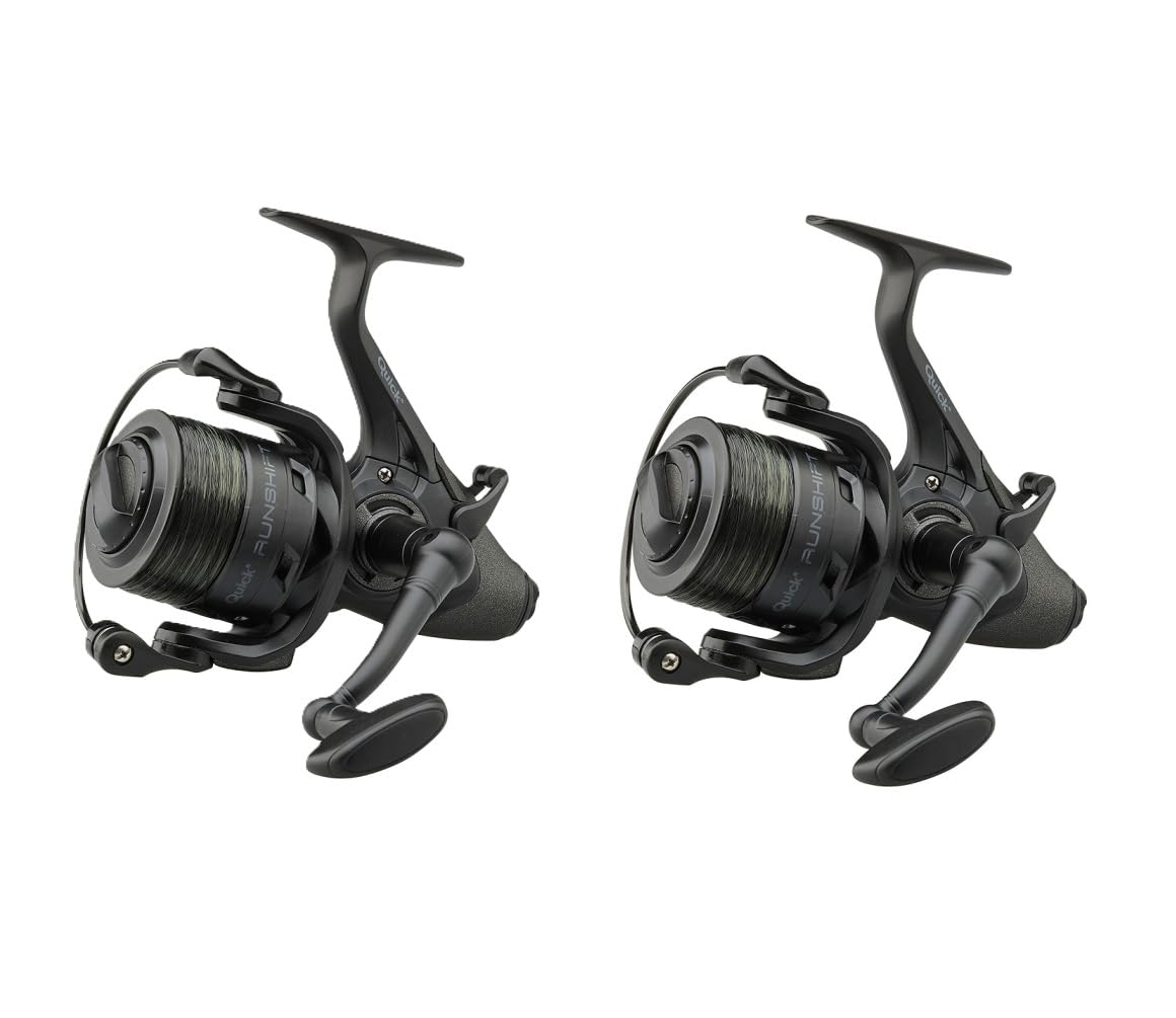 Bundle 2X Quick Runshift 3L 5000 FS Freilaufrolle mit Camo Schnur | 2 Freilaufrollen, bespult mit 0,33 mm Camo-Monofil (12 lb), inkl. Ersatzspule, 11 kg Bremse – ideal für Karpfenangler.