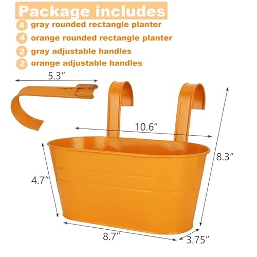 Metal Iron Hanging Flower Pots For Balcony Railing Planter Outdoor Hanging Bucket Pot Countryside Stylish Bucket Flower Holders With Detachable Hooks Window Flower Plant Holder (Gray, Orange) 4Pcs #TOP1