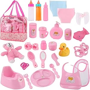 28 PCS Baby Doll Accessories Complete Car Set – Doll Feeding Pretend Playset for Kids, Girls with Magic Milk Bottles in a Storage Bag