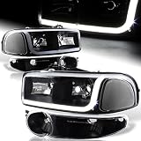 DRL LED Black Clear Clear Headlights+Bumper 4PCS Compatible with 2001-2006 GMC Yukon/Sierra 1500 Den