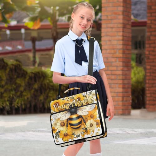 Image of Custom 3 Ring Zipper Binder Yellow Daisy Bee Bumblebees Personalized Name 1.5 Inch Binders Large Capacity Multi Pockets for School Office Supplies