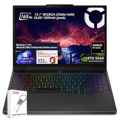 Image of Lenovo Legion 5 15.1 inch WQXGA OLED 165HZ Gaming Laptop, AMD Ryzen 7 260, RTX 5060, 16GB RAM 1TB SSD, Wi-Fi7, Backlit KB, Win11 Pro & Office Lifetime License, Eclipse Black, w /2TB USB Drive, W /GaLiMu
