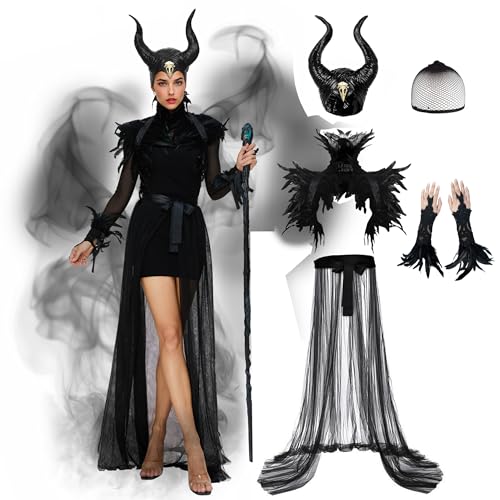 Joellfuner Disfraz Malefica Mujer, Halloween Vestido Gótico Cosplay Maléfica con Cuernos Malefica Plumas Chales y Brazalete, Ropa Medieval para Mujer Halloween Carnaval Cosplay (2)