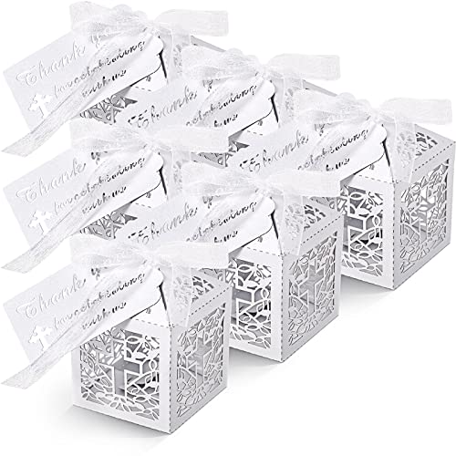 50 Pieces Baptism Favor Boxes Ribbons Cross Favor Boxes Laser Cut Candy Boxes with 50 THANK YOU Kraft Tags for Baby Shower Christening Favors Baptism First Birthday Party Wedding Decor (White)