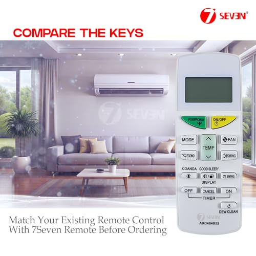 Image of 7SEVEN Compatible with Daikin AC Remote Control ARC484B32 Model 132L Suitable for FTKM60U ‎MTKM50U FTKM35U 1 1.5 2 Ton Split & Window AC - Match Keys Exactly to Replicate Genuine Remote Function