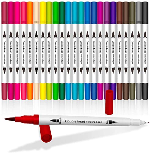 Madeki Feutre Coloriage, 24 Couleurs Double Pointes Feutre Fine 0.4mm et Feutre Pinceau 2mm Pour Dessin pour Bullet Journal, Mandalas, Calligraphie Cover