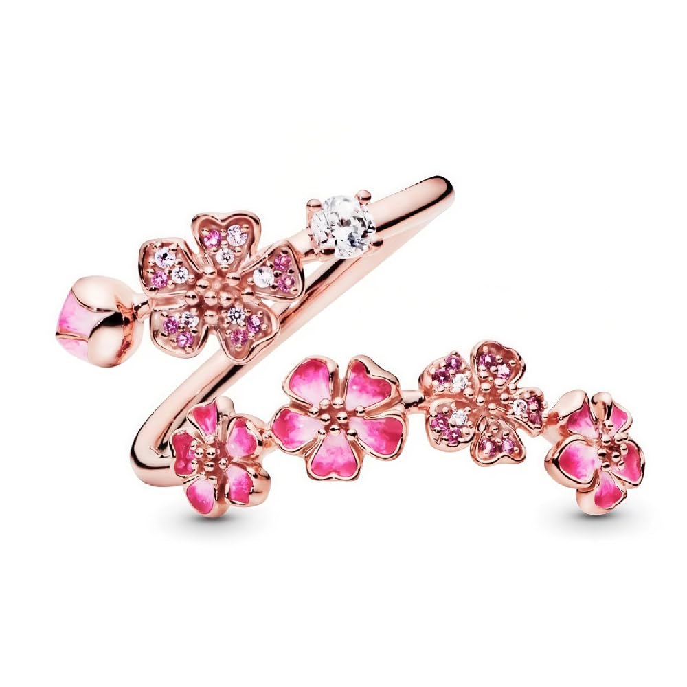 Peach Blossom Ring, Pink Cherry Blossom Rose Gold Plated Rings for Women, Adjustable Peach Floral Jewelry with Crystal & Gemstone, Gifts for Wedding Engagement Anniversary Birthday Multicolor