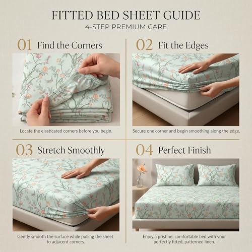 Image of VAS COLLECTIONS King Size Cotton Fitted Bedsheet (78 x 72 + 14 Inches) with Deep Pocket | 220 TC Soft Breathable Wrinkle Free Elastic Bed Sheet for King Mattress | (Light Green)