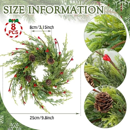 Image of 8 Pcs Artificial Christmas Candle Rings 9 Inch Cedar Pine Garland Wreaths with Red Berries Pinecones Wreaths Pine Needles Candle Ring Holder for Christmas Winter Decorations Table Centerpiece