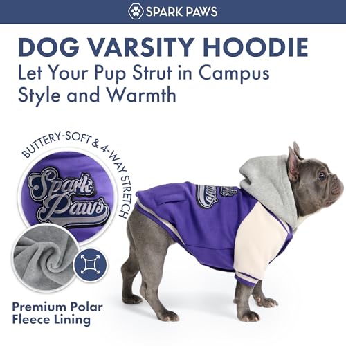 Image of Spark Paws Varsity Dog Hoodie - Premium Dog Sweater for Small, Medium, and Large Dogs | Warm Clothes for Pets, Winter Jacket Alternative - Purple - L