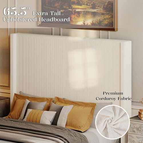 Ihanherry Queen Size 65" Tall Headboard Bed Frame with Charging Station, Upholstered Wingback Headboard with Washable Corduroy Cover, Noise Free, Solid Wood Slats & Legs, No Box Spring Needed, Beige - image 4