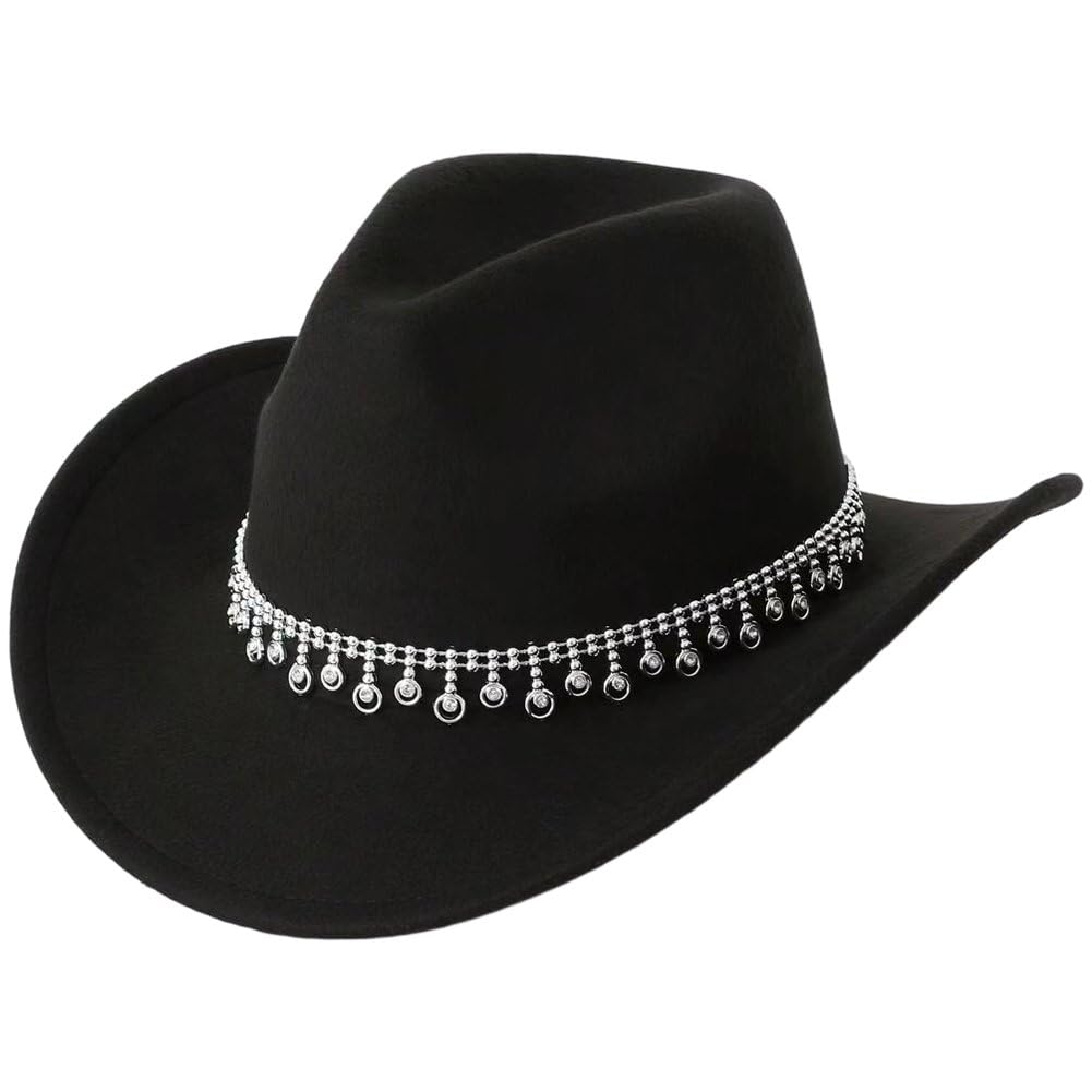 Sslvya Western Cowboy Hat Rhinestone Tassel Cowgirl Hat Wide Brim Panama Headwear for Country Concert Festival Party