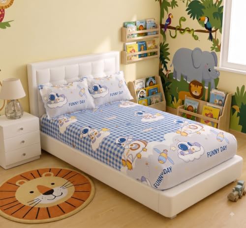 Image of Filymore Kids Double Bed Sheet Set - Cartoon Space Fun Day Theme, 240 TC Soft Microfiber Bedsheet, Astronaut Design, 2 Pillow Covers, 90x90 Inch Double Bedspread, Blue White & Grey