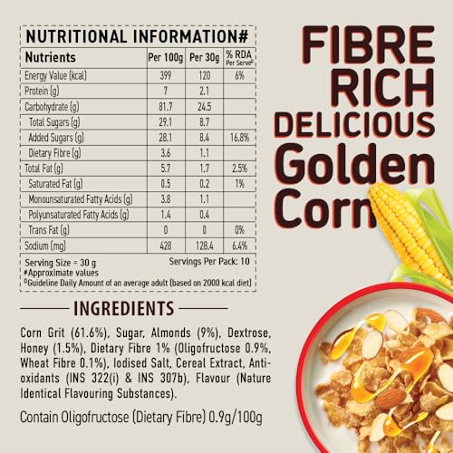 Image of Bagrry's Corn Flakes Plus With Almond And Honey, 300 gm Pouch | Goodness of Almonds, Golden Corn & Raw Honey | Source of Protein & High Fibre | All Natural Cornflakes