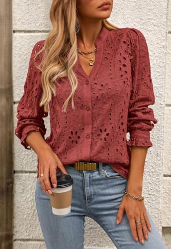 NALANISA Women's Fall Fashion Long Sleeve Shirts Button Down Dressy Casual Blouses V Neck Eyelet Embroidery Hollow Out Tops2