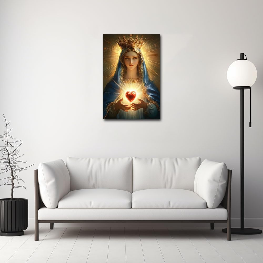 Virgin Mary Canvas Wall Art Sacred Heart of Mary Picture Prints Virgin Mary Pictures Prints Catholic Framed for Living Room Decor（Jesus-4,12x18inch (30x45cm)