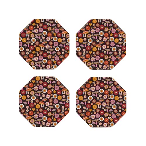 Octagon Leder-Untersetzer, 4 Stück, leicht, 70er-Jahre, Hippie-Retro-Getränkeuntersetzer für Schreibtisch, verbrühungsfreie Schreibtisch-Untersetzer für Bürotischdekoration