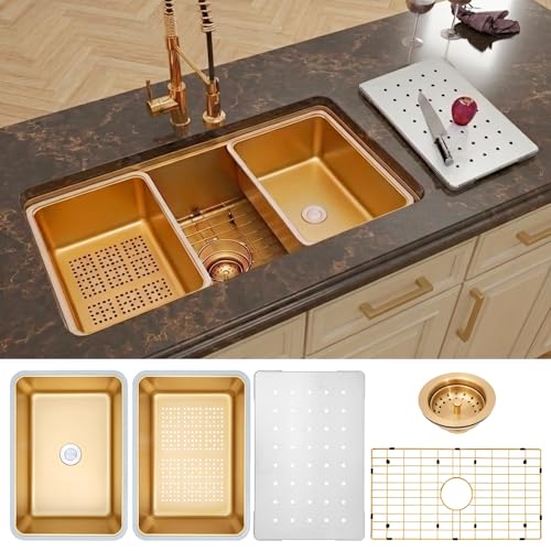 Image of 32 inch Gold Undermount Kitchen Sink,Single Bowl Modern Kitchen Sink,Stainless Steel Workstation Sinks (Gold, 32 X 18 inch)
