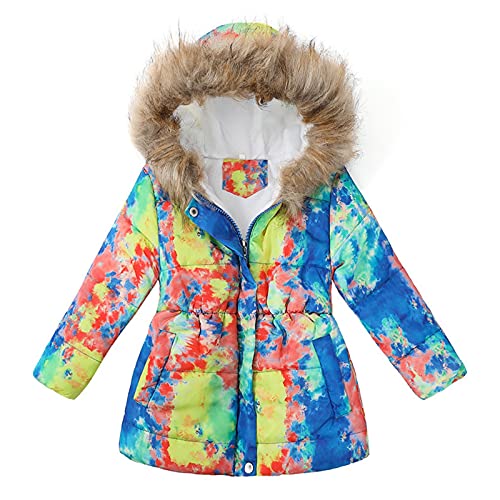 Girls Winter Tie Dye Parka Coat Kids Toddler Windproof Fleece Lined Jacket Faux Fur Collar Hooded Coats with Pockets