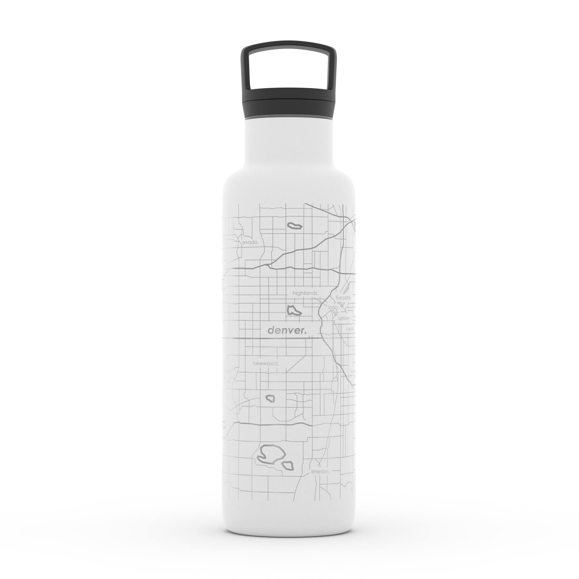 Well Told Engraved Denver Colorado Map Insulated Water Bottle Etched Stainless Steel Bottle 21 oz White City Map