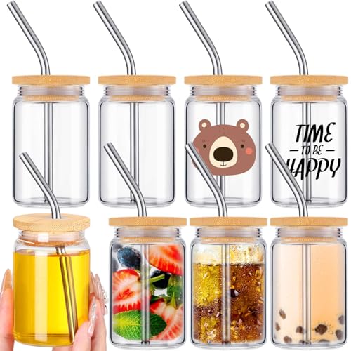 Nuogo - Mini vasos de vidrio de 3 onzas con popote y tapa, vasos de vidrio de sublimación para boda