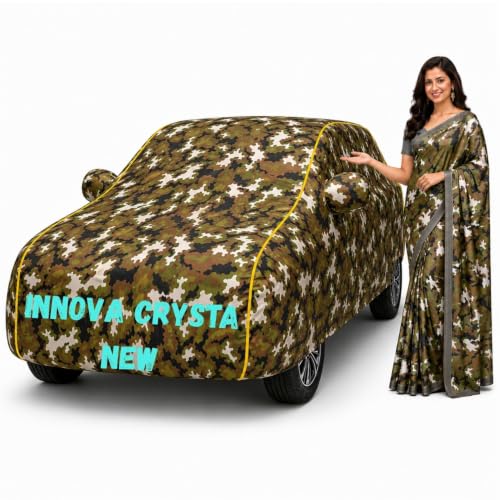 Image of Waterproof Car Body Cover for Innova Crysta New All Weather Protection Comes with Inner Cotton Lining & Triple Stitched with Mirror & Antenna Pocket Belt & Elastic Fit Army with Yellow Piping
