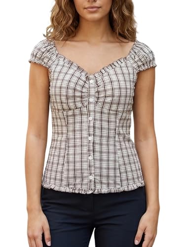 Image of SANSIWU Women's Sweetheart Neck Ruffle Top Button Front Puff Sleeve Off Shoulder Blouse Trendy Cottagecore Ruched T-Shirt (A-Light Brown, XL)