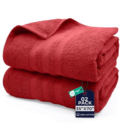 DAN River 2 Pack Bath Sheets Extra Large 35x70, Large Bath Towels for Adults, XL Oversized Heavy Duty Towel Set, 600 GSM 100% Ring Spun Cotton, Soft Quick Dry, Red