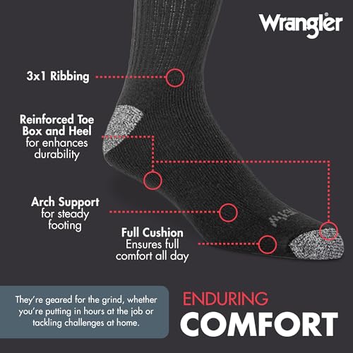 Wrangler Ultra Dry Crew Socks for Men - 12 Pack, Full Cushion, Arch Support, Moisture-Wicking, Steel Toe - Size 13-154
