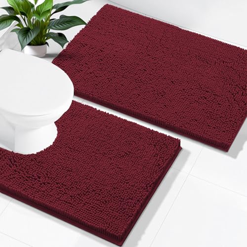 Image of Smiry Bathroom Rugs Set 2 Piece, Soft Absorbent Chenille Bath Mat and U-Shaped Toilet Rug Set, Non Slip Shaggy Bath Carpet for Tub, Shower and Floor (24x16+24x20, Burgundy)
